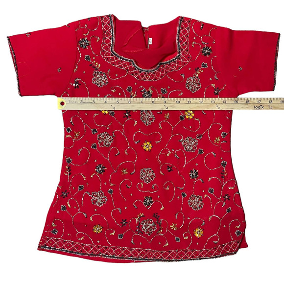 Embellished Red Indian Skirt and Top Sari Set Traditional Wedding Womens Size 30 - Picture 6 of 14